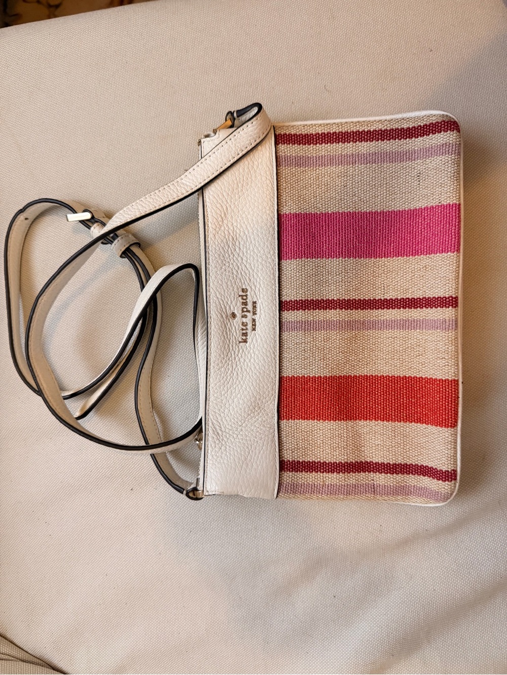 kate spade White Leather & Pink/Red Striped Canvas Crossbody